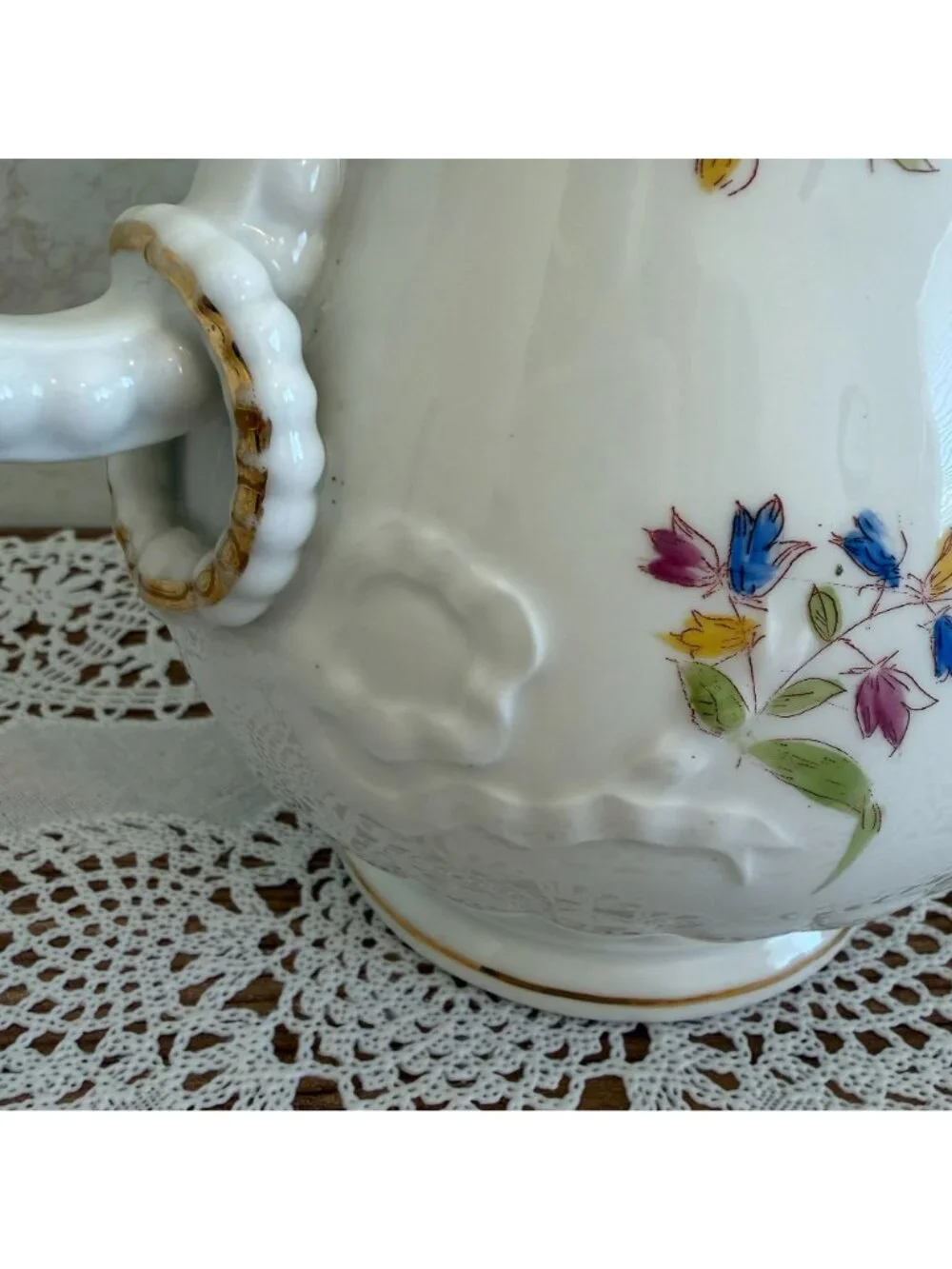 Antique Victorian Ironstone Chocolate Pot Lidded Coffee Server Floral Gold 10.5